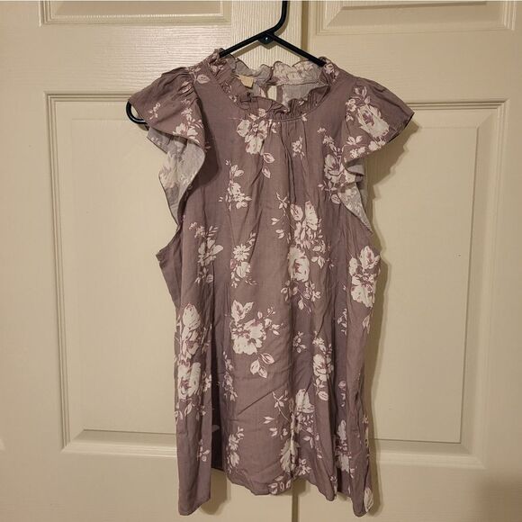 Entro dusty purple/white floral design ruffle sleeve blouse - Picture 1 of 9